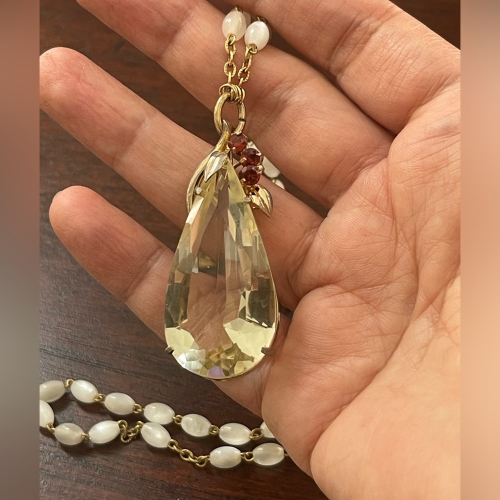 Huge lemon crystal genuine garnet gold tone pendant white opalescent chain - Picture 9 of 11